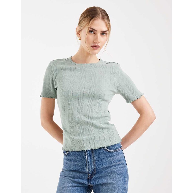 ONLY pointelle lettuce edge top in sage-Green