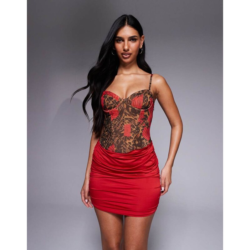 Oh Polly mesh corset draped mini dress in red leopard floral