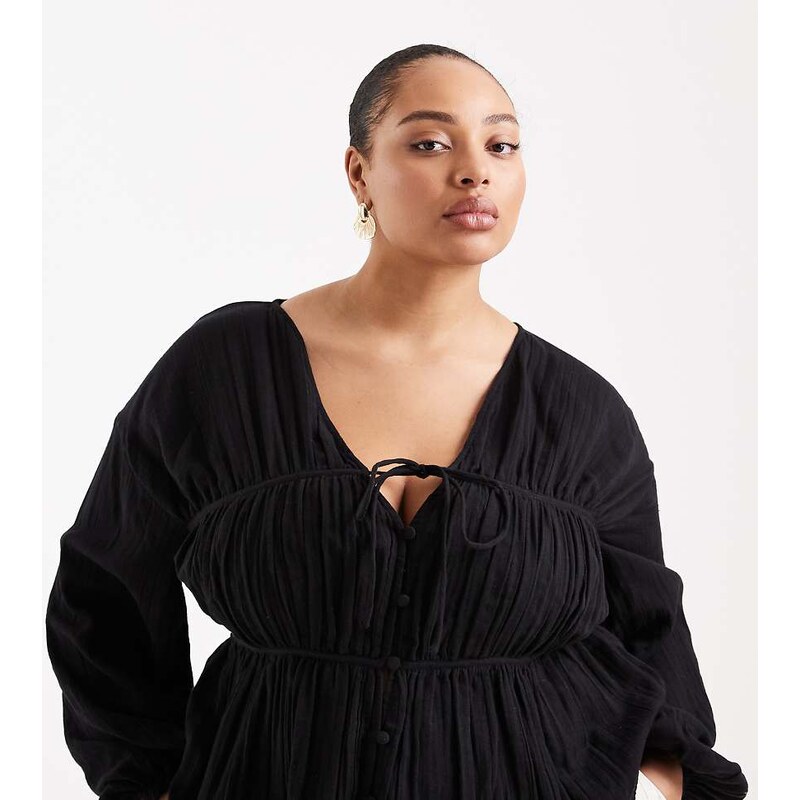 ASOS Curve ASOS DESIGN Curve long sleeve smock top with button front 115516901
