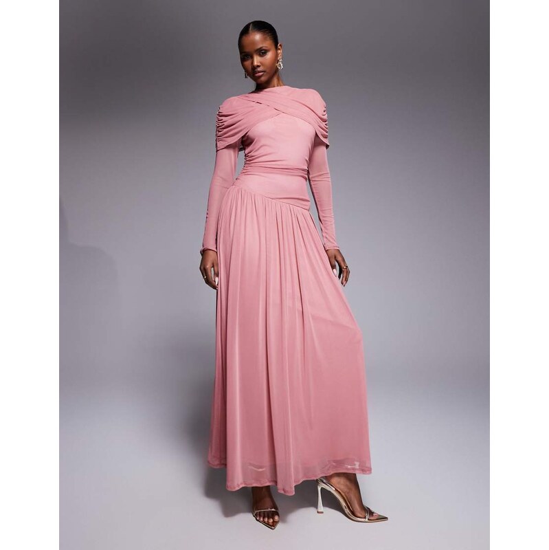 Daska long sleeve ruched cape pleated skirt maxi dress in dusty