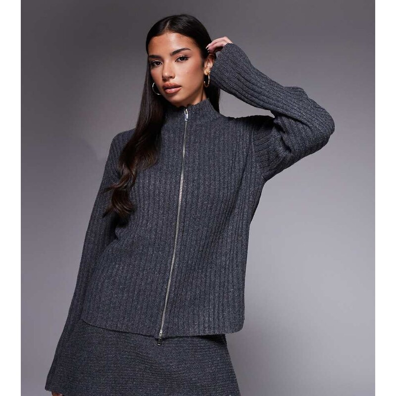 Kaiia exclusive ribbed knit zip through funnel neck cardigan co-ord in 113338628