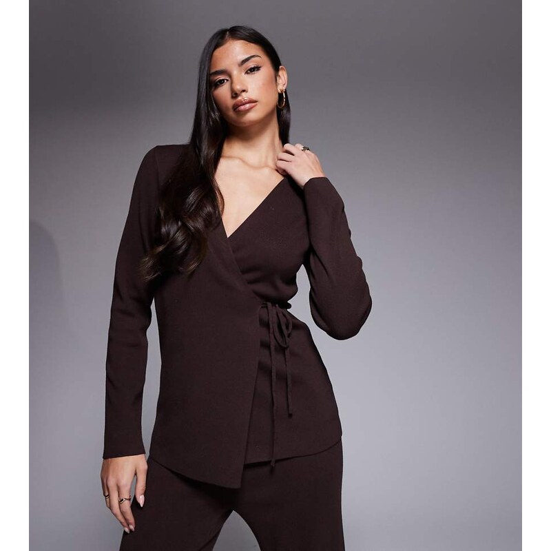 Kaiia exclusive ribbed knit wrap tie front top co-ord in