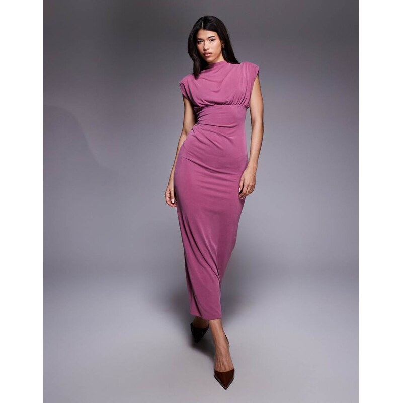 ASOS DESIGN ruched shoulder pad midi dress in mauve-Pink