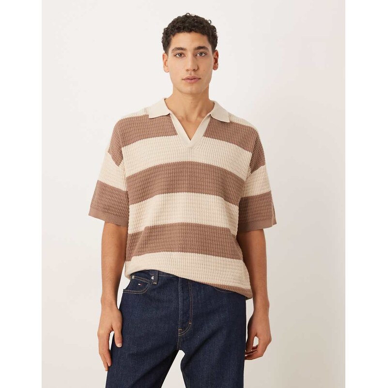 ASOS DESIGN relaxed knitted notch neck polo in stone and ecru