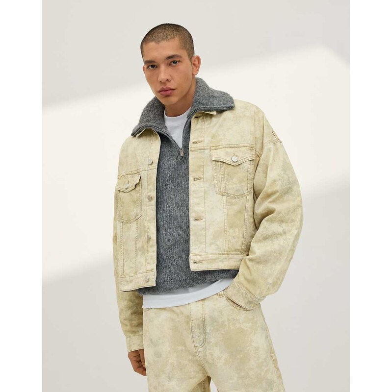 Bershka Print denim jacket in green