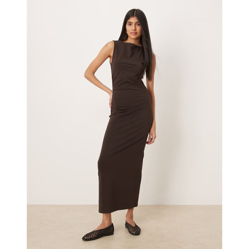 ASOS DESIGN ruched side midi dress with slash neck in chocolate