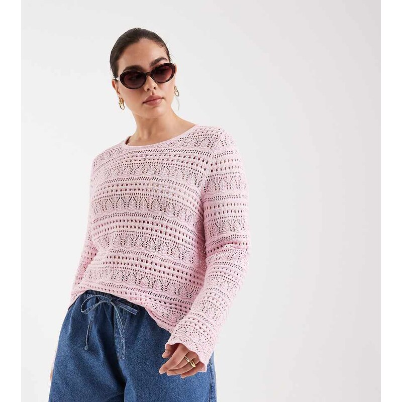 ONLY Curve long sleeve crochet top in pink 115517856