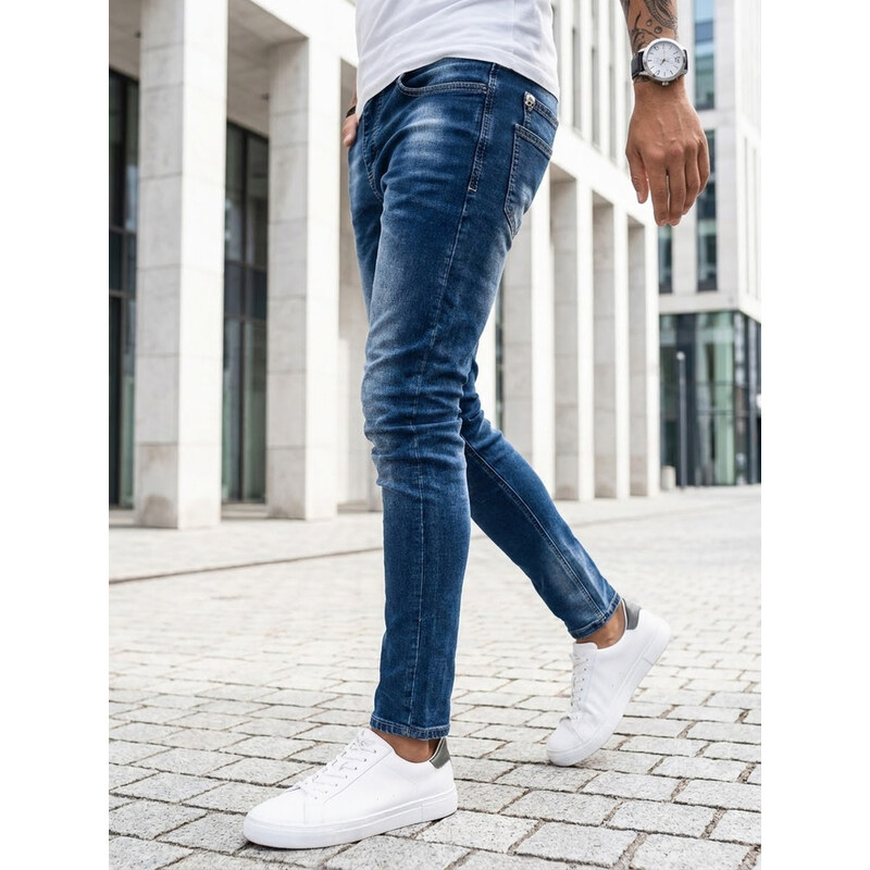 BASIC Tmavě modré džínové kalhoty Denim vzor