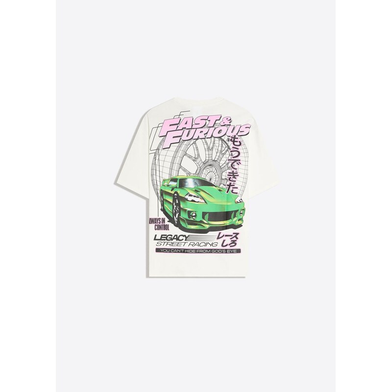 Bershka Tričko 'FAST&FURIOUS' zelená / růžová / černá / offwhite