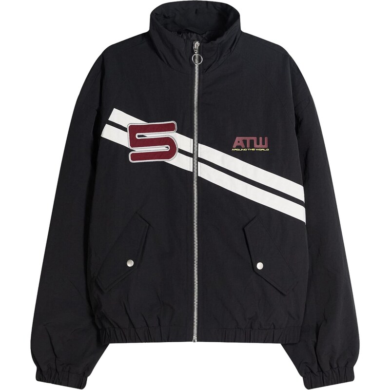 Bershka Přechodná bunda rubínově červená / černá / bílá