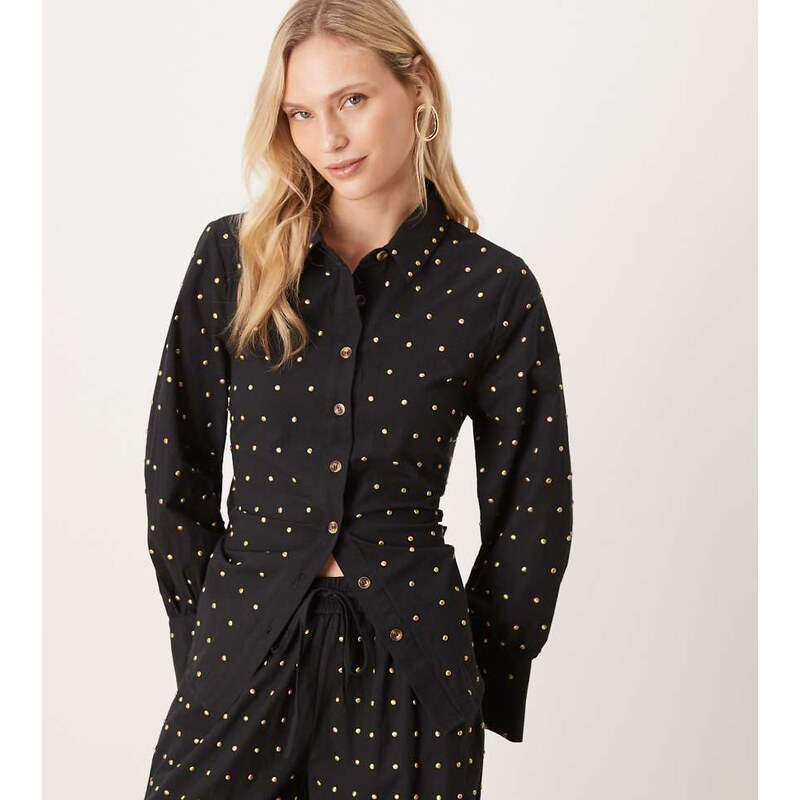 Never Fully Dressed Petite hotfix studded bow back shirt in