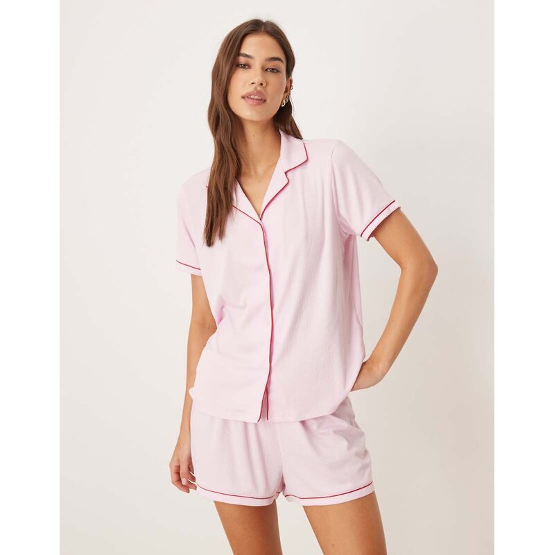 Urban Threads rib revere short pyjama set in pink with red piping 113338576