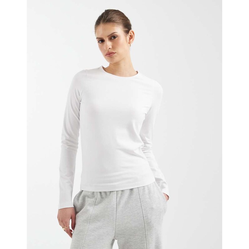 ASOS DESIGN cotton long sleeve round neck top in white