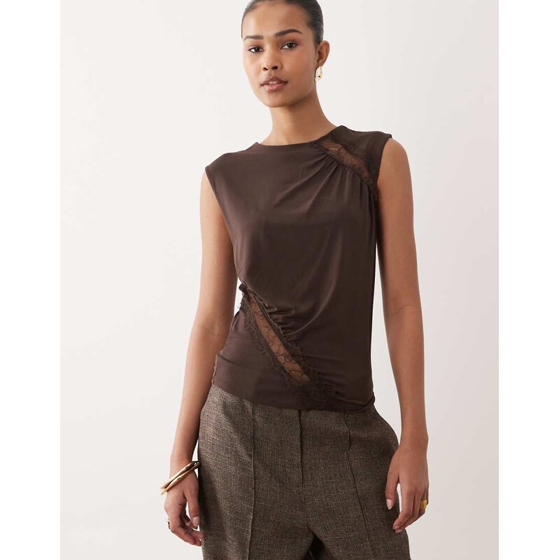 Mango sheer lace detail sleeveless top in brown 113338912