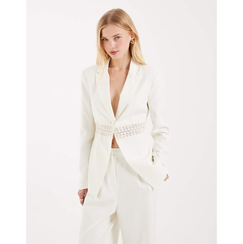 Miss Selfridge lace insert cinch blazer co-ord in ivory-White 113369586