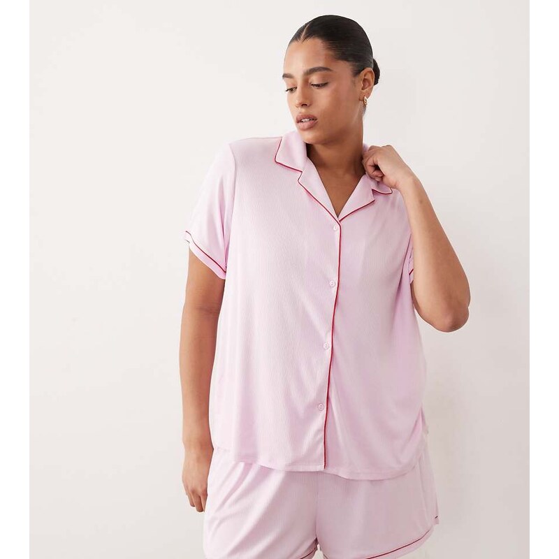 Urban Threads Curve rib revere short pyjama set in pink with red