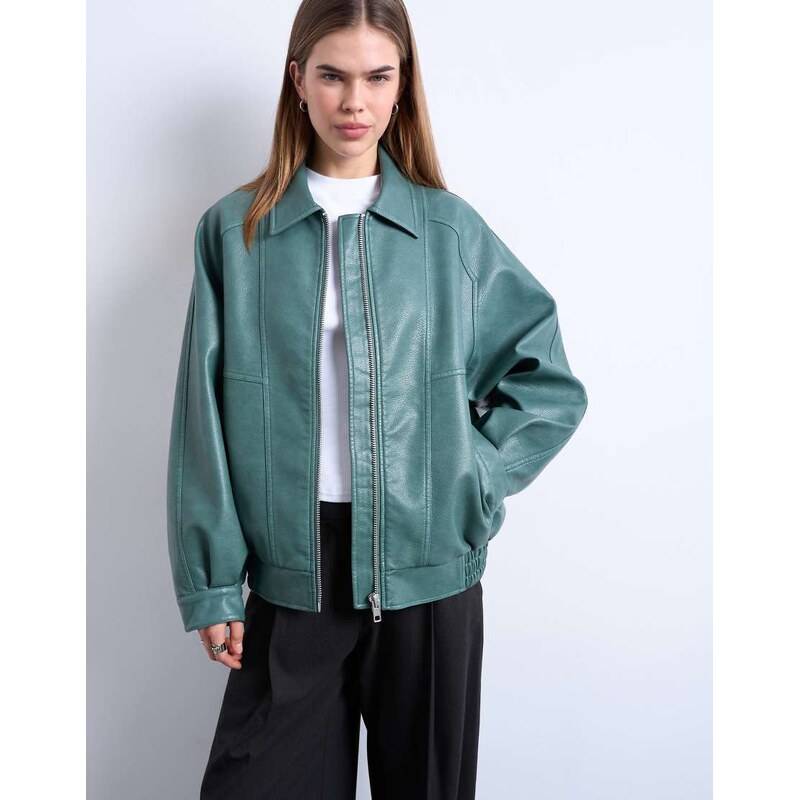 Topshop pu zip through seam detail jacket in teal-Blue 113356888