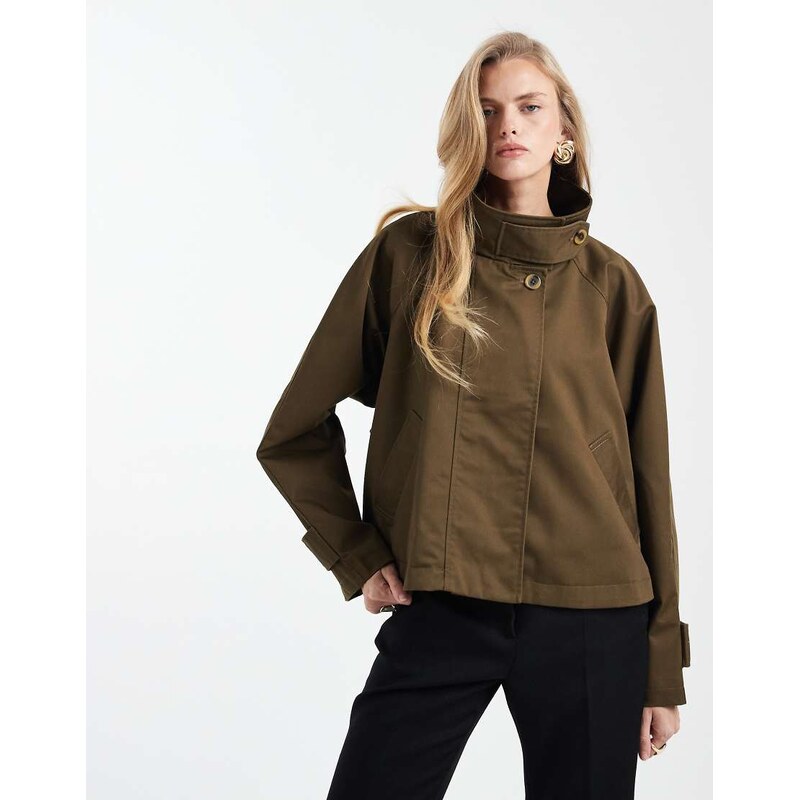 ASOS DESIGN cropped cape detail trench coat in khaki-Green