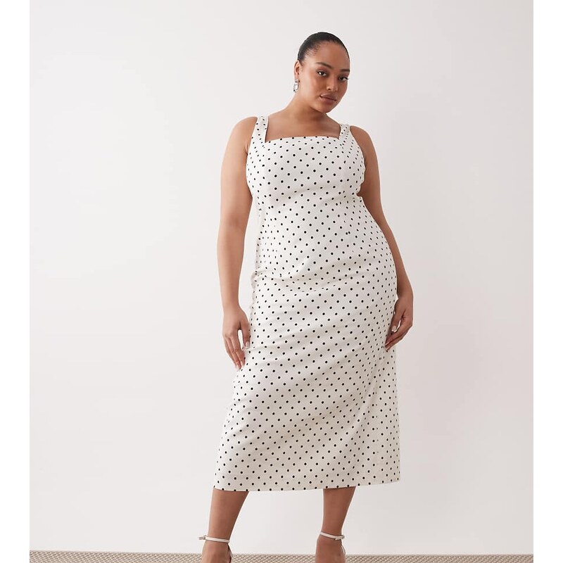 Forever New Curve stretch linen mix midi dress in polka dot-Black 113356934