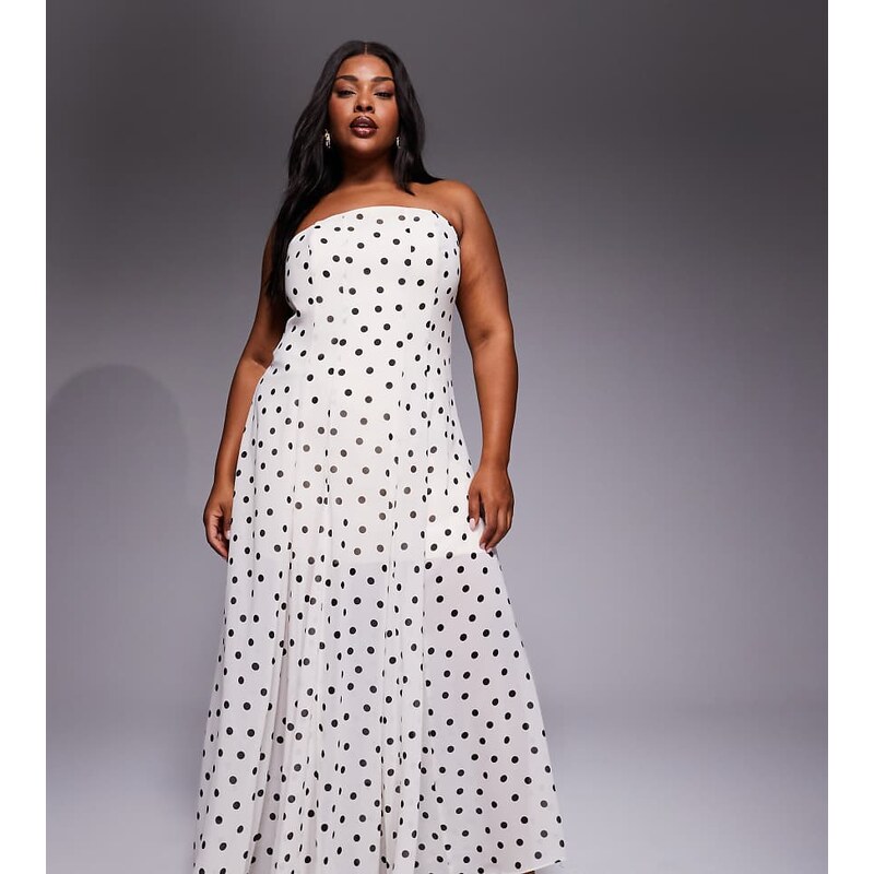 Forever New Curve chiffon strapless maxi dress in polka dot-White 115518453
