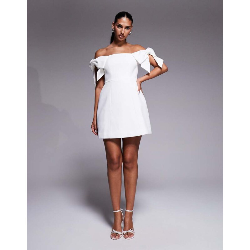 Forever New Bridal structured off the shoulder bow mini dress in white 115518590
