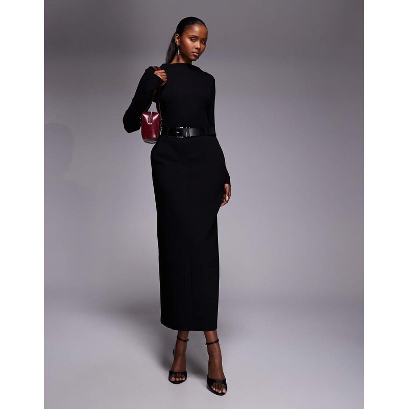 Forever New long sleeve belt detail midi dress in black