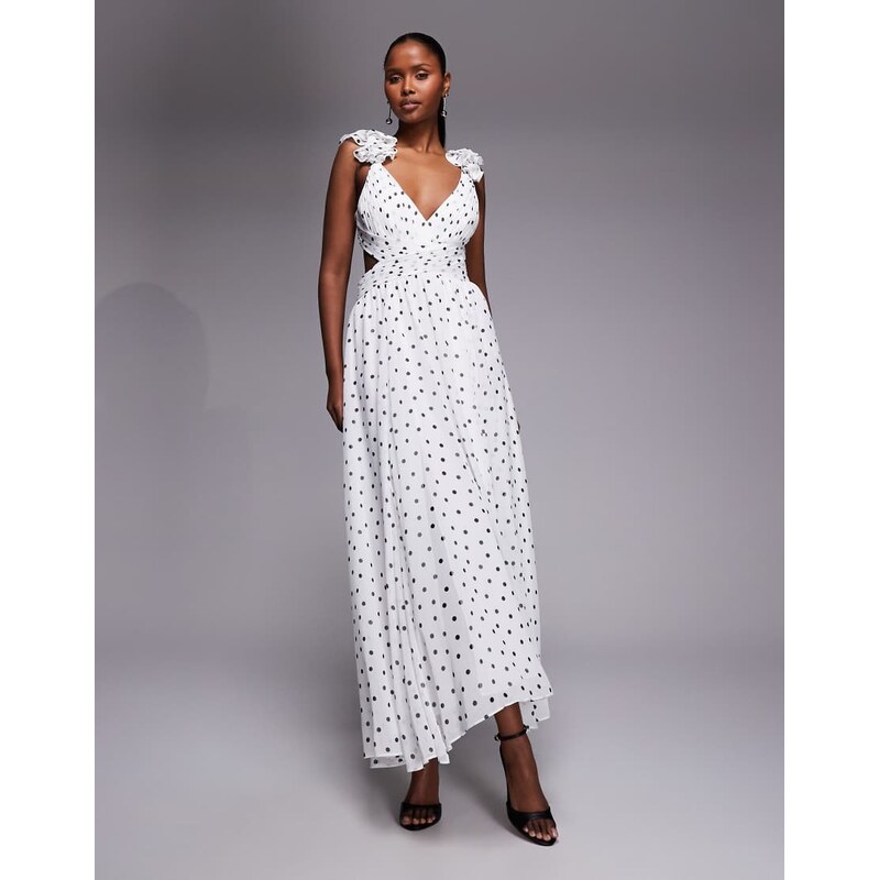 Forever New ruffle sleeve cut out maxi dress in white polka dot 114422546