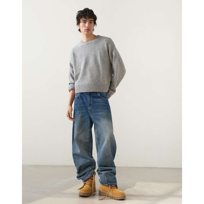 Bershka Embroidered super baggy jeans in denim blue
