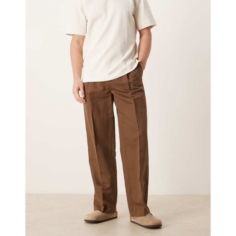 ASOS DESIGN smart pleated linen rich wide leg trousers in dark