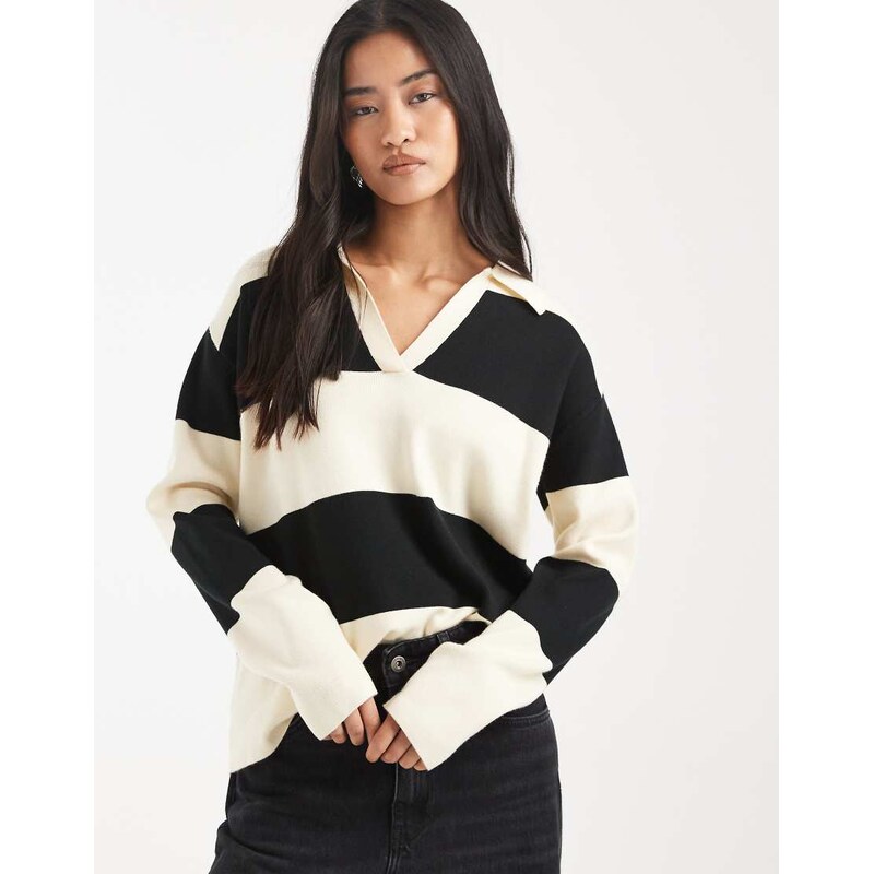 Threadbare polo rugby top in black and ecru stripe