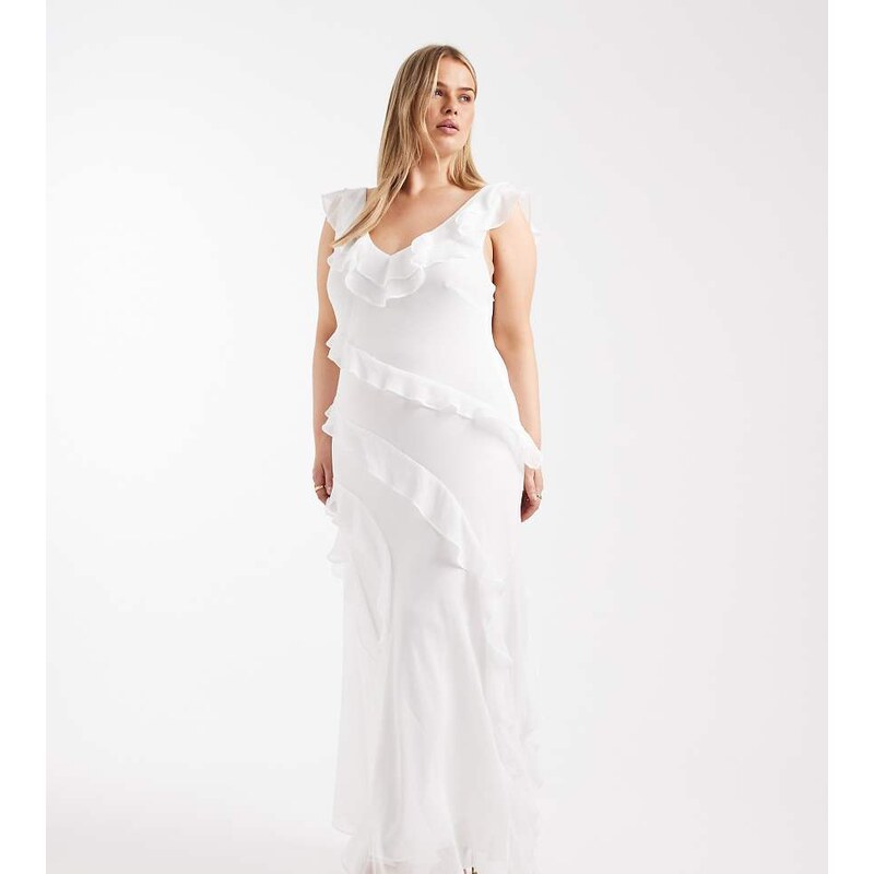 Forever New Curve Bridal chiffon ruffle detail maxi dress in ivory 113369626
