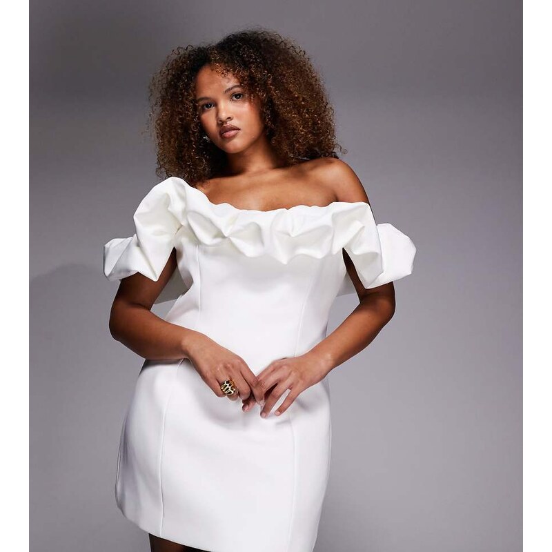 Forever New Curve Bridal off shoulder mini dress in white 115535659