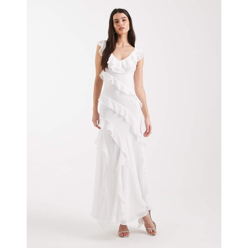 Forever New Bridal chiffon v neck ruffle detail maxi dress in