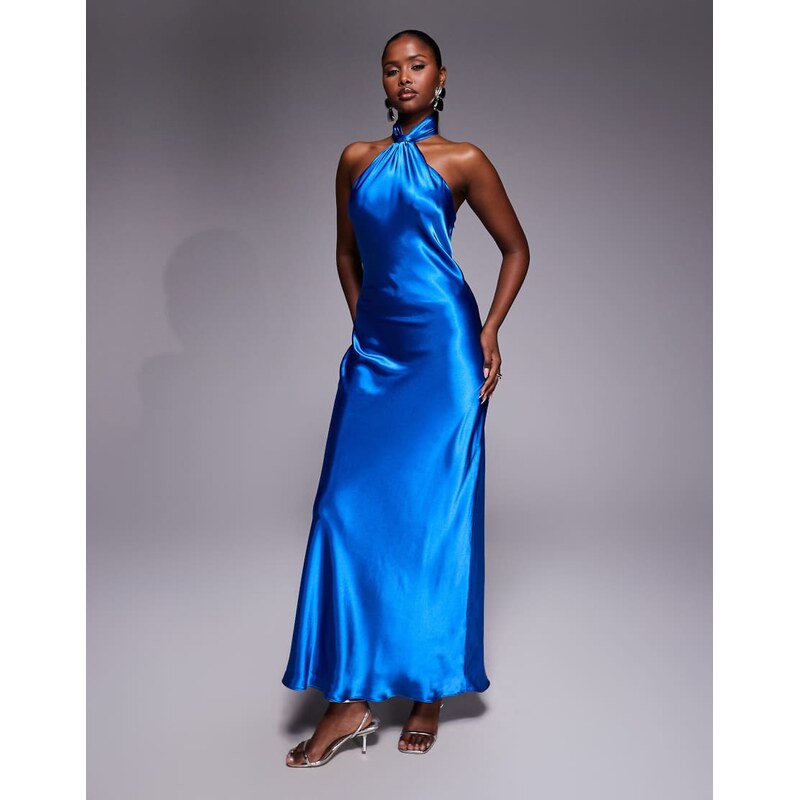 Forever New satin knot halter neck maxi dress in blue 113358895