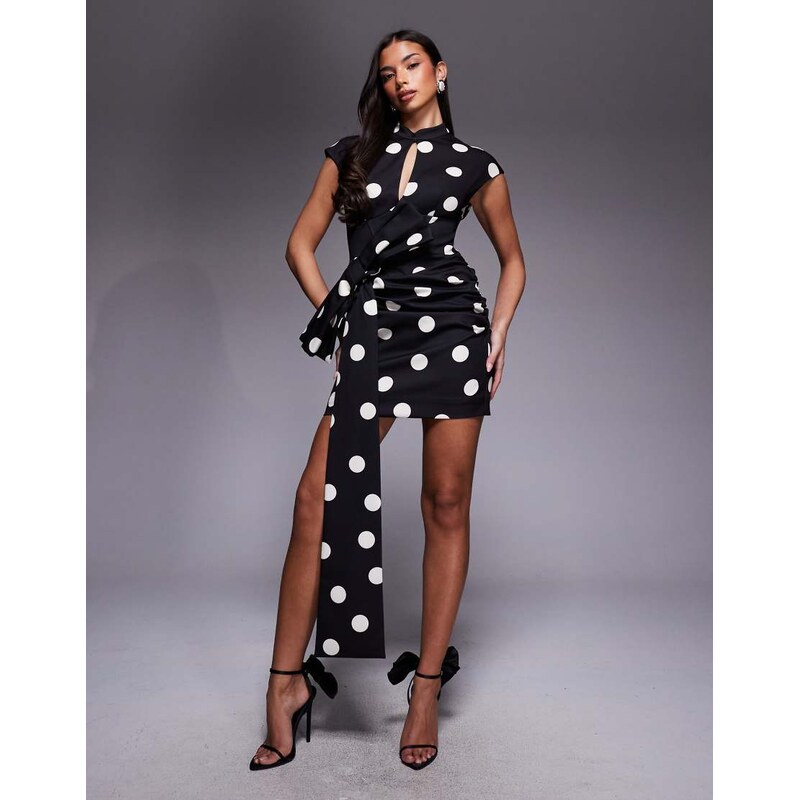 ASOS LUXE polka dot mini dress with oversized bow and drape detail in 113358866