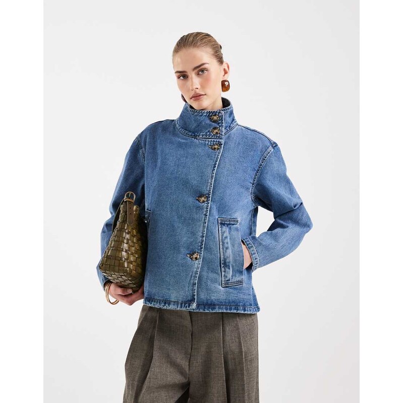 Object premium soft button front short denim jacket in mid blue denim 113358920