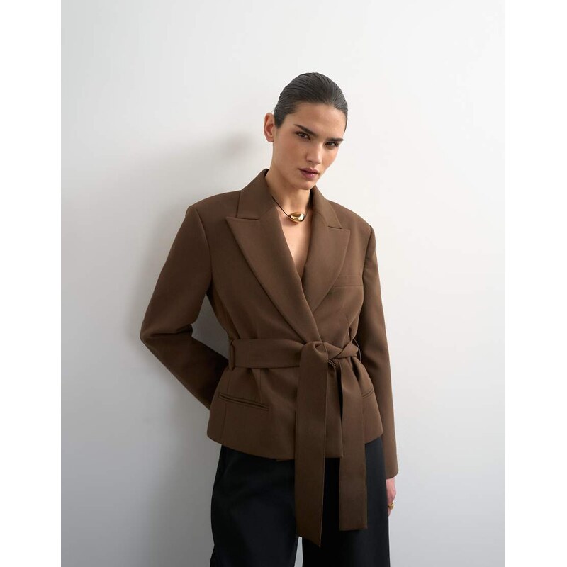 Topshop cropped belted boxy blazer in chocolate-Neutral 112522118