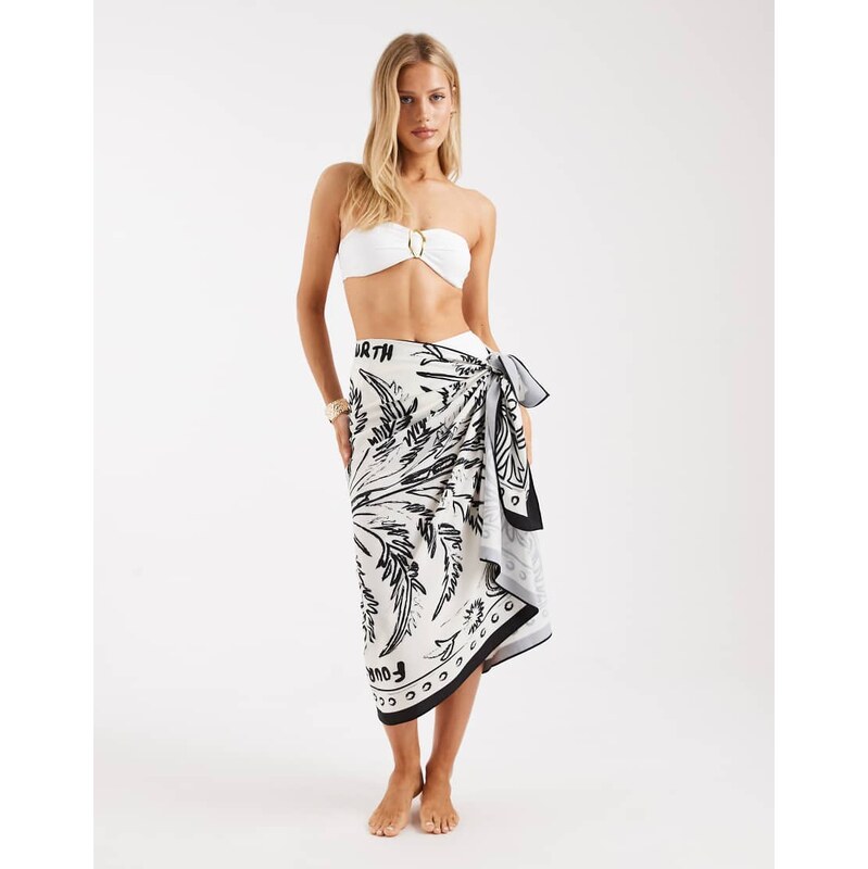 4th & Reckless satin wrap beach sarong skirt in black & white palm 113369671