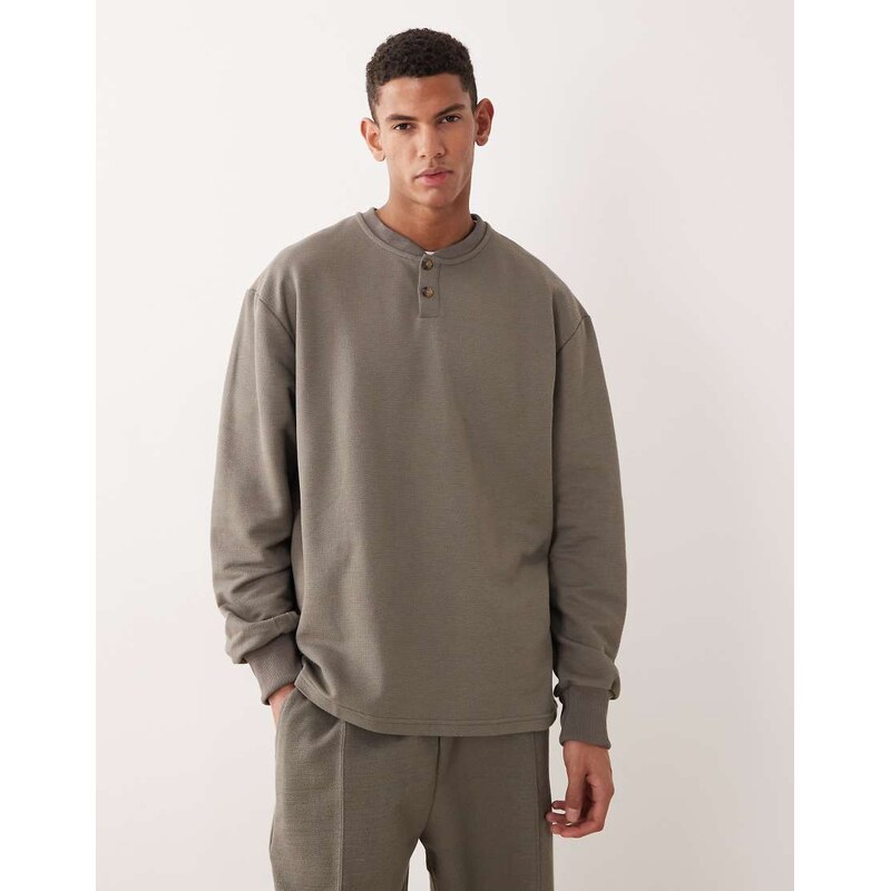 ASOS DESIGN co-ord oversized pique henley sweatshirt in khaki