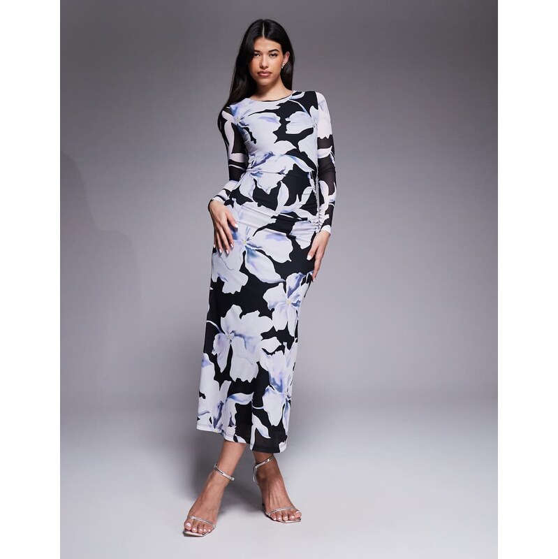 Forever New mesh maxi dress in in black and blue floral-Multi