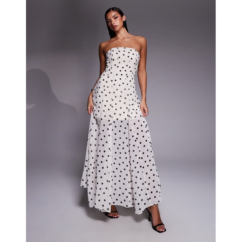 Forever New strapless sheer maxi dress in white polka dot 115518597