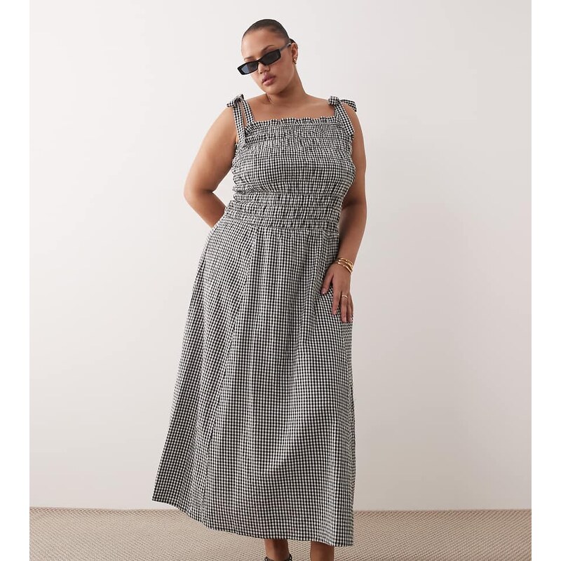 Esmee Curve tie strap shirred maxi beach dress in black & white