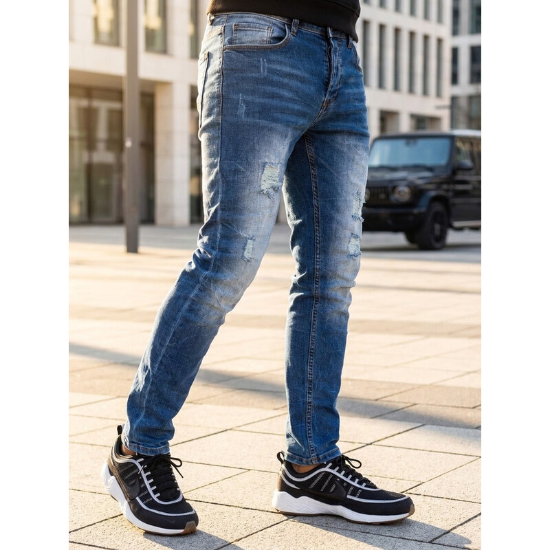 BASIC Modré děrované džíny s prosvětlením Denim vzor
