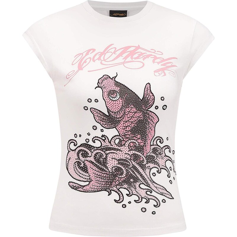 Ed Hardy Tričko Koi Fisch Steinen růžová / černá / bílá