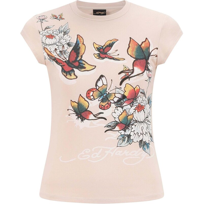 Ed Hardy Tričko Schmetterling Blumen písková / mix barev