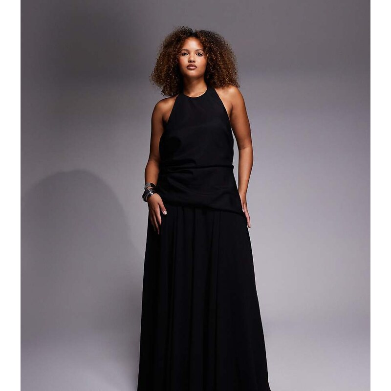 Forever New Curve godet open back maxi dress in black 113380338