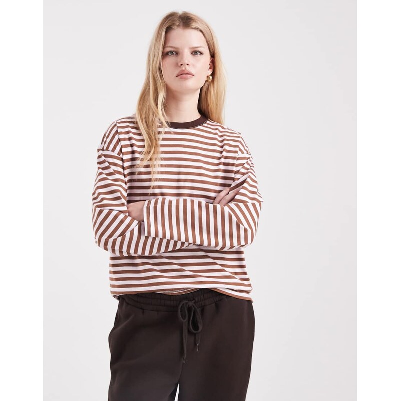 Cotton On oversized boxy long sleeve t-shirt in stripe walnut