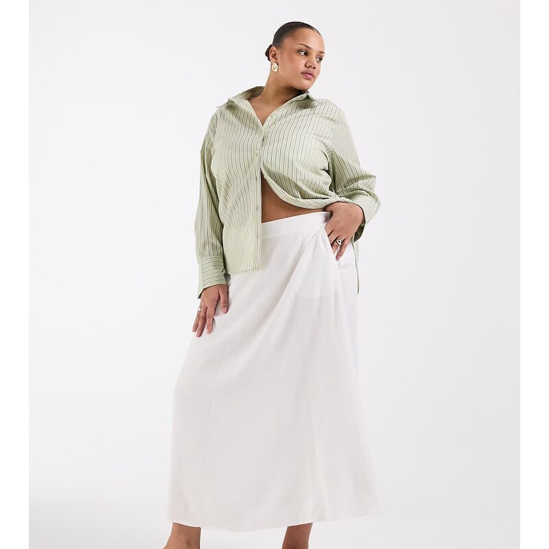 Vero Moda Curve linen touch midi skirt in white