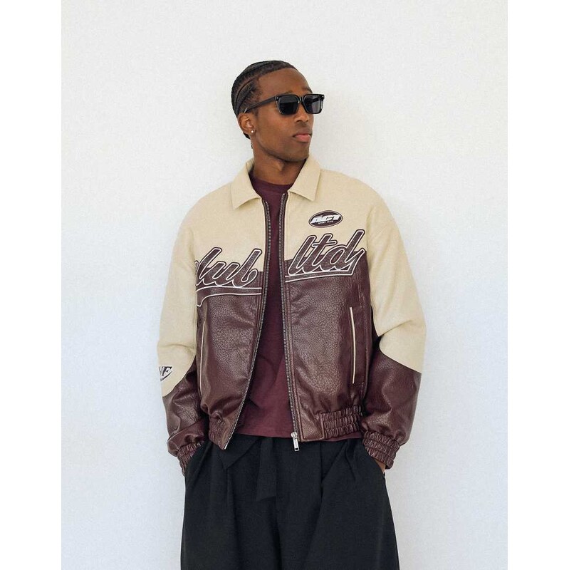 Bershka Colour block leather effect jacket in burgundy-Red