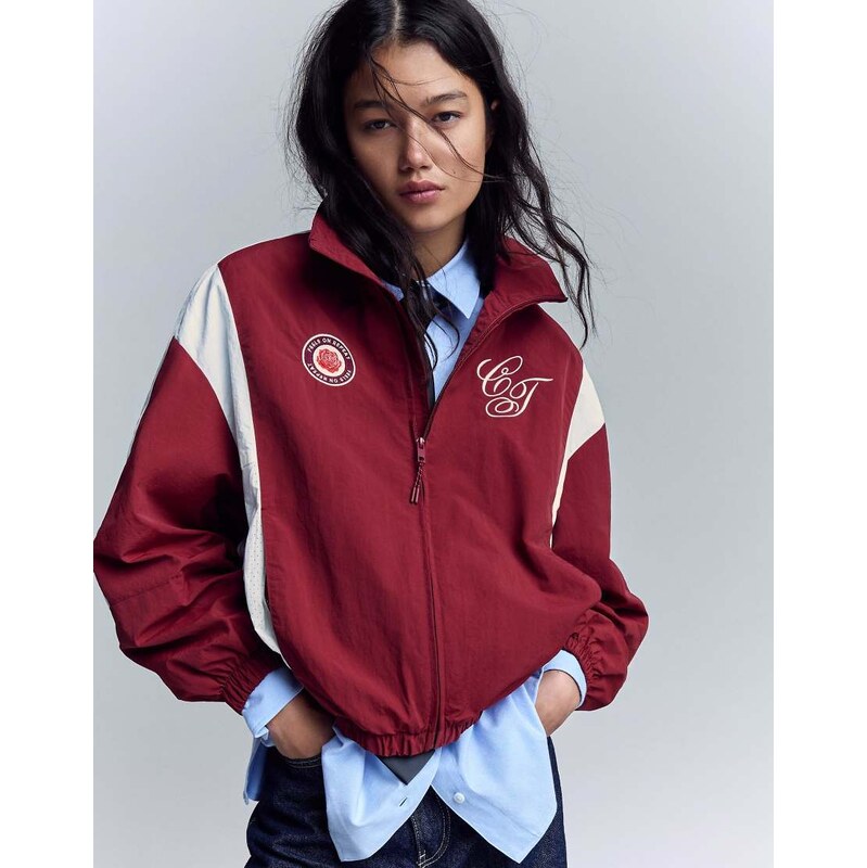 Bershka Lightweight embroidered jacket in burgundy 113369722